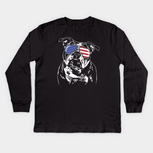 Funny Proud Old English Bulldog American Flag sunglasses dog Kids Long Sleeve T-Shirt